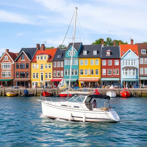 Barca che naviga lungo la costa con le case colorate visibili sullo sfondo