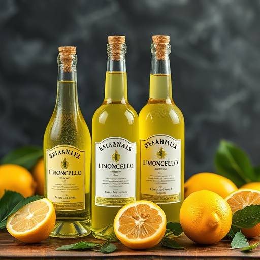 Bottiglie di limoncello artigianale con limoni freschi sullo sfondo