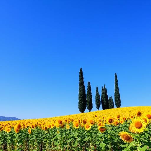 Campi di girasoli in Toscana con cipressi e un cielo azzurro