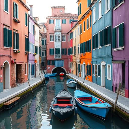 Case colorate sull'isola di Burano, con la biancheria stesa ad asciugare e le barche ormeggiate lungo il canale.