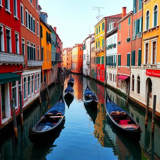 Foto del Canal Grande di Venezia, con i suoi edifici colorati che si riflettono nell'acqua e le gondole che scivolano silenziosamente.