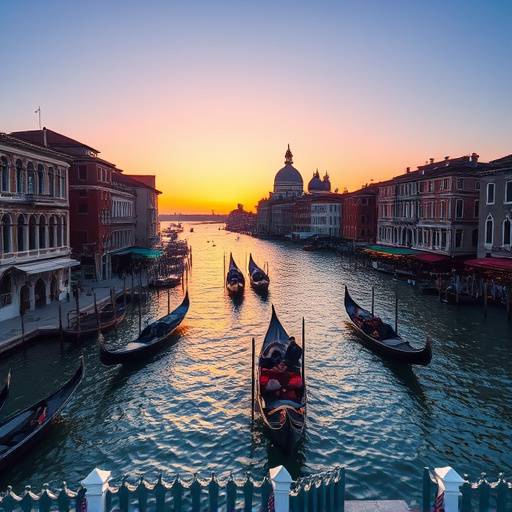 Gondole che navigano lungo i canali di Venezia al tramonto
