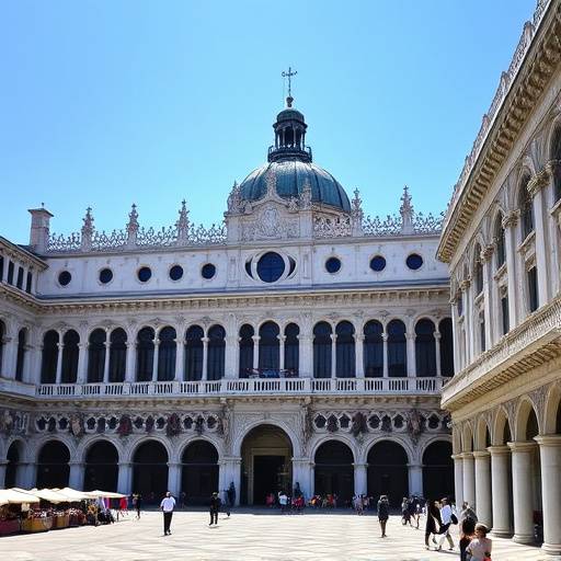 Il Palazzo Ducale di Venezia, con la sua architettura gotica e le sue finestre ad arco, visto da Piazza San Marco.