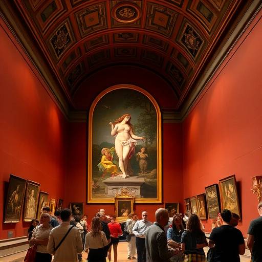 Interno della Galleria degli Uffizi con visitatori che ammirano 'La Nascita di Venere' di Botticelli