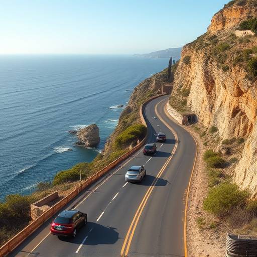 Percorso panoramico lungo la strada costiera con le auto che percorrono la strada a strapiombo sul mare