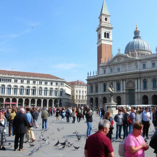 Piazza San Marco a Venezia, affollata di turisti e piccioni, con la Basilica di San Marco e il Campanile sullo sfondo.