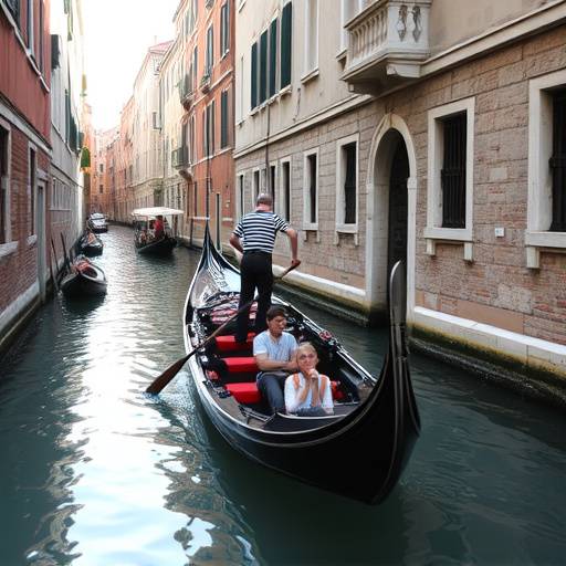 Una gondola che naviga lungo un canale stretto di Venezia, con il gondoliere che rema e una coppia di turisti a bordo.