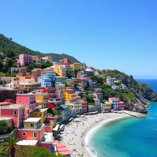 Veduta di Positano con le sue case colorate che scendono verso la spiaggia e il mare cristallino