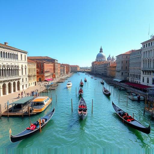 Veduta panoramica del Canal Grande di Venezia con gondole che navigano e palazzi storici sullo sfondo, in una giornata soleggiata.