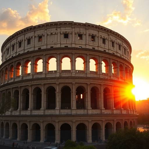 Veduta panoramica del Colosseo illuminato al tramonto, Roma