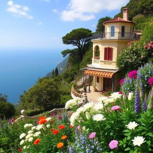 Vista panoramica da Villa Rufolo a Ravello con i giardini fioriti e il mare sullo sfondo