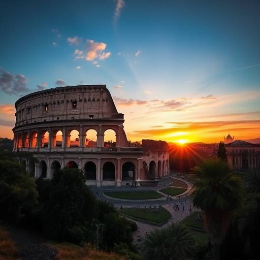 Vista panoramica del Colosseo illuminato al tramonto, Roma