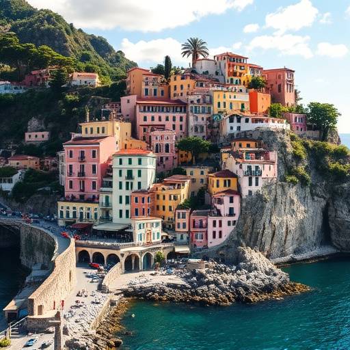 Vista panoramica mozzafiato della Costiera Amalfitana con le case colorate a picco sul mare