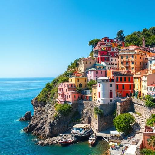 Vista sulla Costiera Amalfitana con case colorate arroccate sulla scogliera e il mare turchese